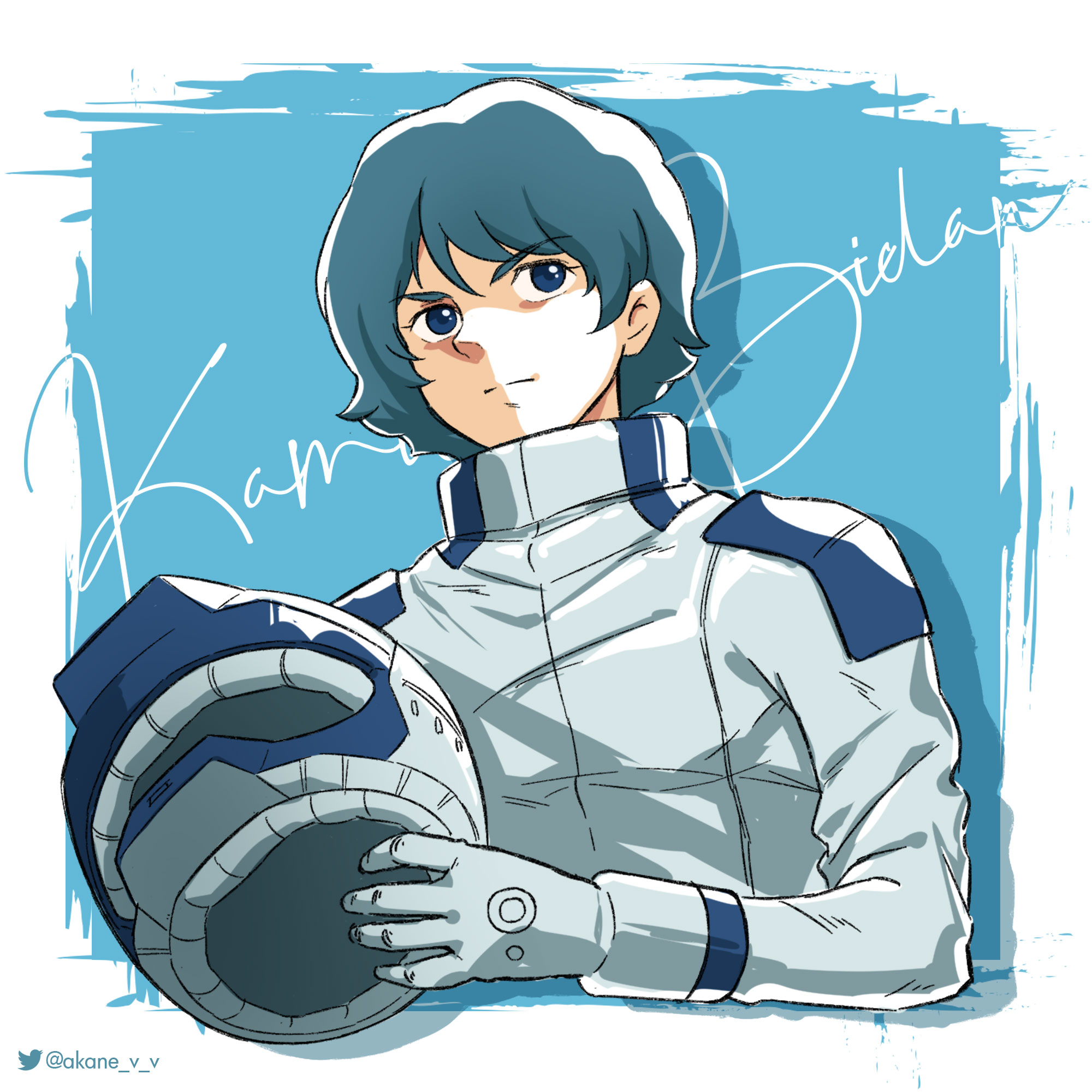 akane (akaneoekaki0928), kamille bidan, gundam, zeta gundam, commentary, highres, 1boy, blue background, blue eyes, blue hair, border, character name, cursive, helmet, holding, holding unworn helmet, male focus, solo, space helmet, spacesuit, twitter logo, twitter username, unworn headwear, unworn helmet, white border