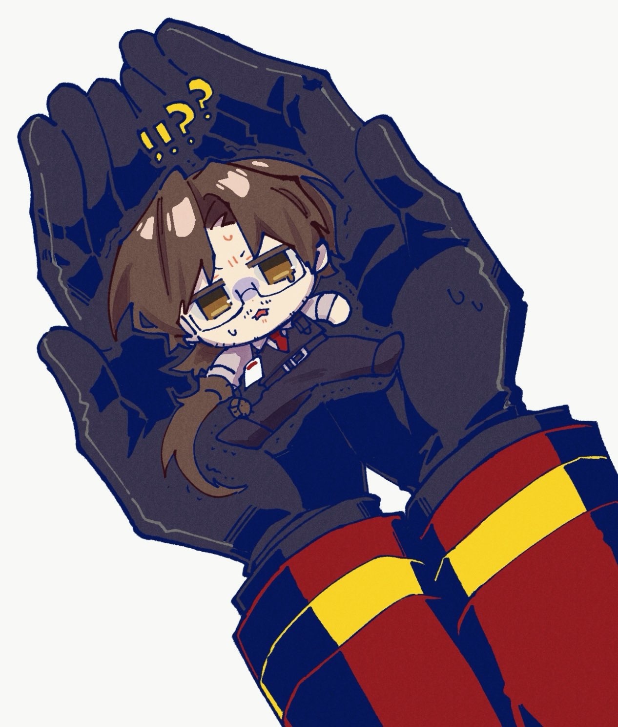 nantekottawo!!, dante (limbus company), gregor (project moon), limbus company, project moon, highres, 1boy, 1other, arthropod limbs, black gloves, black pants, black vest, brown eyes, brown hair, coat, collared shirt, gloves, long sleeves, low ponytail, mini person, miniboy, necktie, open mouth, pants, ponytail, pov, pov hands, red coat, red necktie, shirt, simple background, vest, white background, white shirt