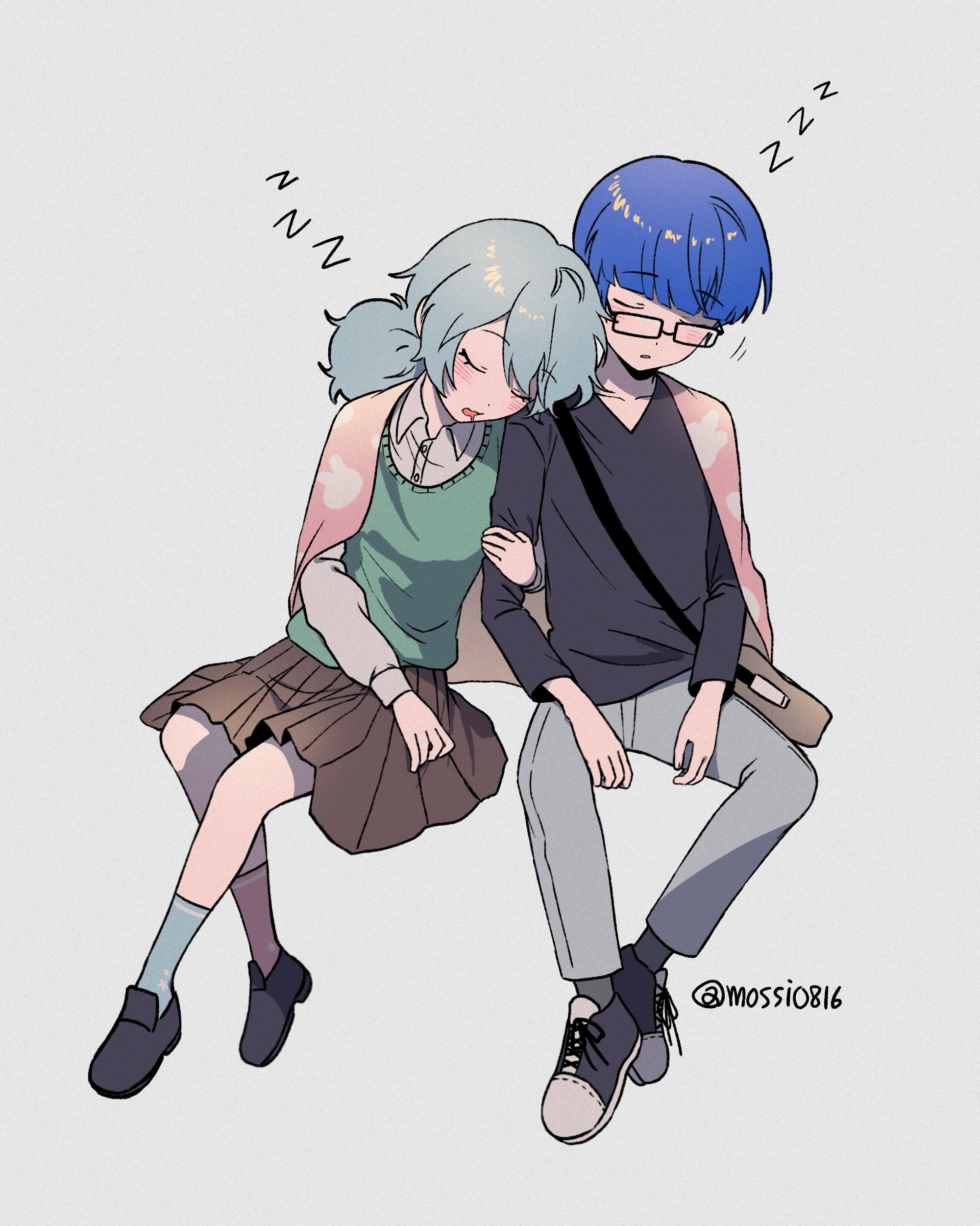 mossi (mossi0816), zombie high school, absurdres, highres, korean commentary, 1boy, 1girl, bag, black-framed eyewear, black shirt, blue hair, blunt bangs, brown skirt, closed eyes, collared shirt, glasses, green shirt, grey background, grey hair, grey pants, grey socks, long sleeves, mj (zombie high school), open mouth, pants, pleated skirt, pyo ih-yeon, shirt, shoes, short hair, short twintails, shoulder bag, simple background, sitting, skirt, sleeping, sneakers, socks, sweater vest, twintails, twitter username, vest, white shirt, zzz
