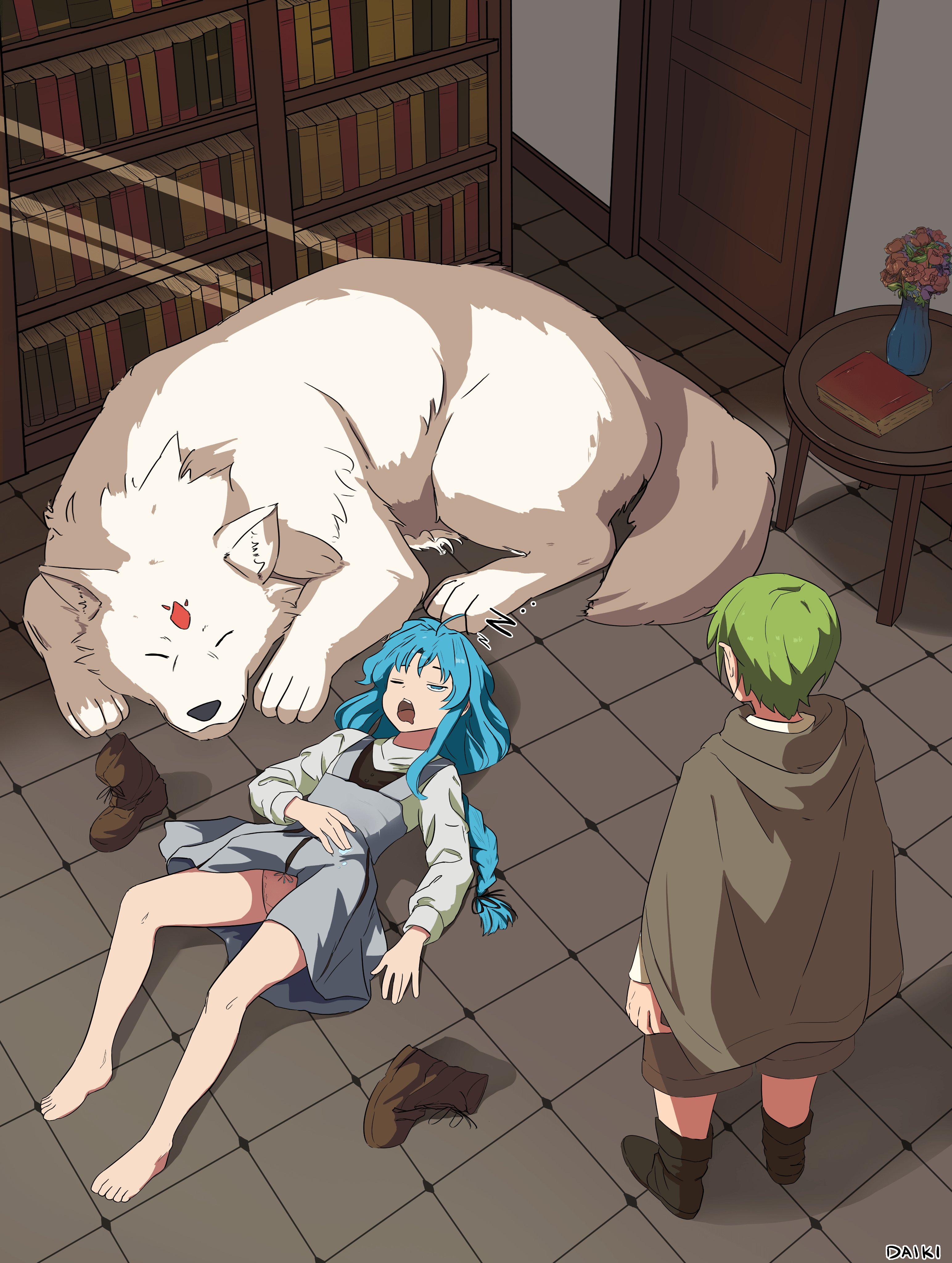 lara greyrat, leo (mushoku tensei), sieghart saladin greyrat, mushoku tensei, absurdres, highres, barefoot, blue hair, bookshelf, bow, bow panties, braid, brother and sister, cloak, daiki latom, dog, drooling, green hair, looking back, panties, siblings, sleeping, underwear, upskirt, white panties, zzz