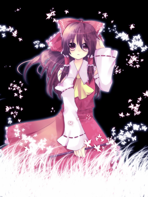 kokoro na, hakurei reimu, touhou, bad id, bad pixiv id, 1girl, female focus, japanese clothes, miko, nature, plant, ribbon, solo