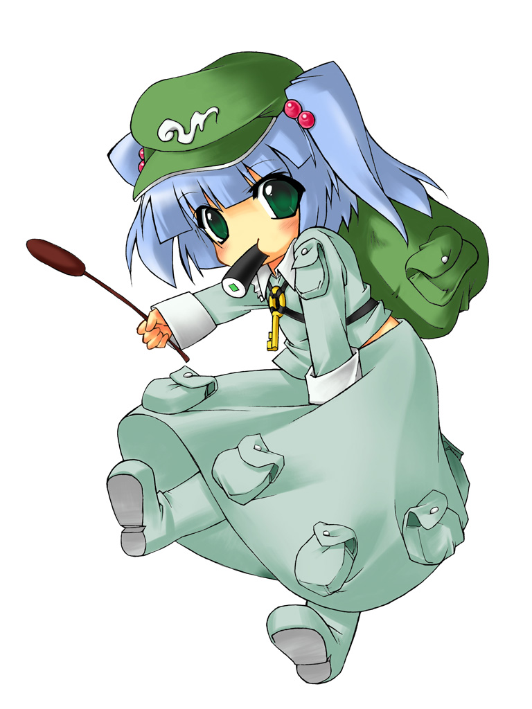 beihan, kokka han, kawashiro nitori, touhou, 1girl, bag, blue hair, female focus, food, green eyes, hair bobbles, hair ornament, hat, makizushi, no pupils, simple background, solo, sushi, two side up, white background