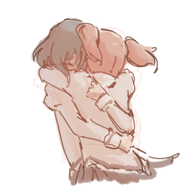 steelbirdkiller, kaname madoka, miki sayaka, mahou shoujo madoka magica, facing back, lowres, 2girls, blue hair, closed eyes, from behind, hug, mitakihara school uniform, multiple girls, mutual hug, pink hair, school uniform, short hair, short twintails, sketch, skirt, twintails, upper body, white background, yuri