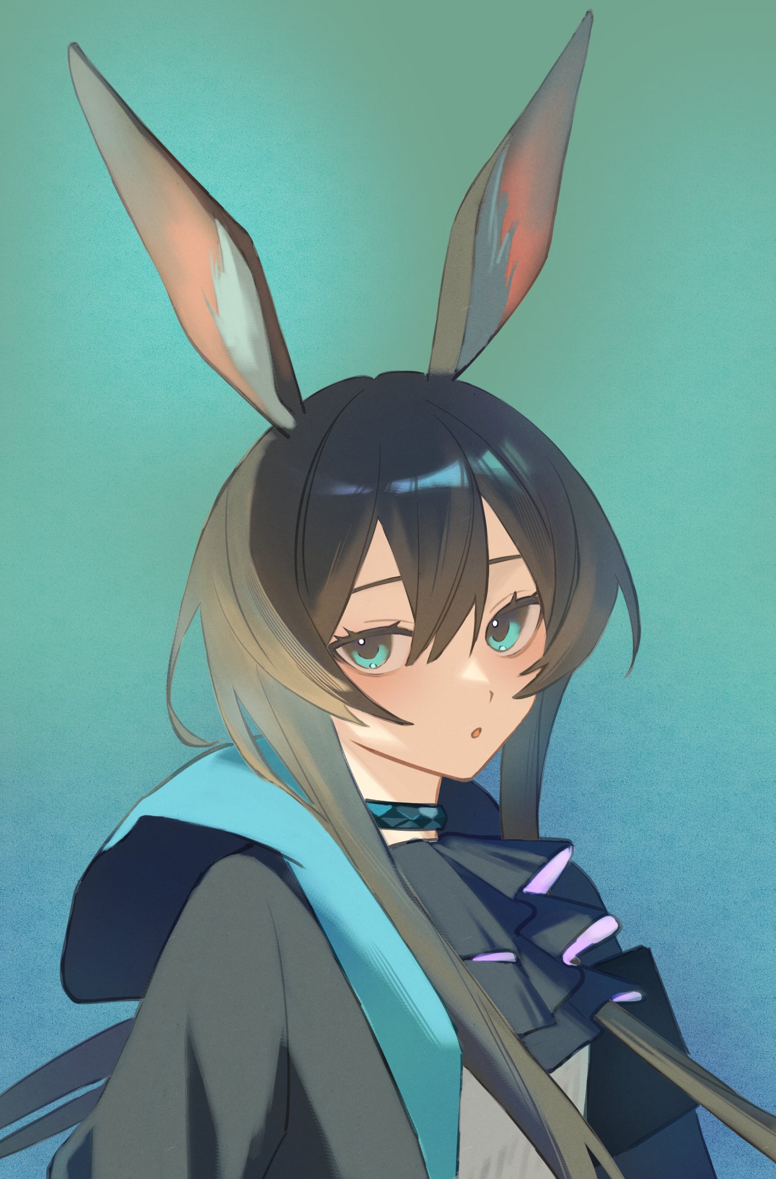 amiya (arknights), arknights, absurdres, commentary, highres, 1girl, 55555may, :o, animal ears, aqua eyes, ascot, black ascot, black jacket, blue background, blue jacket, brown hair, green background, hair between eyes, hood, hood down, hooded jacket, jacket, long hair, looking at viewer, parted lips, portrait, solo, two-sided fabric, two-sided jacket