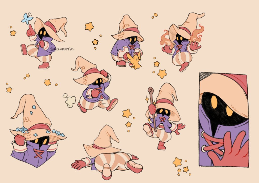 aquaxtic, black mage (final fantasy), chocobo, vivi ornitier, final fantasy, final fantasy ix, commentary, english commentary, 1boy, arms up, blue flower, blue jacket, boots, bug, butterfly, fire, flower, gloves, hat, holding, holding staff, insect, jacket, lying, male focus, multiple views, on stomach, pants, pointing, pyrokinesis, red boots, red gloves, running, staff, standing, standing on one leg, star (symbol), striped clothes, striped pants, witch hat, yellow eyes