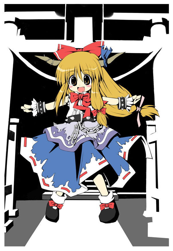 nisu, ibuki suika, touhou, 1girl, belt, black shoes, blonde hair, blue skirt, bow, bowtie, buckle, cuffs, female focus, full body, hair bow, horns, layered skirt, long hair, long skirt, low-tied long hair, oni, red bow, red bowtie, shackles, shirt, shoes, skirt, solo, spikes, standing, white shirt, yellow eyes