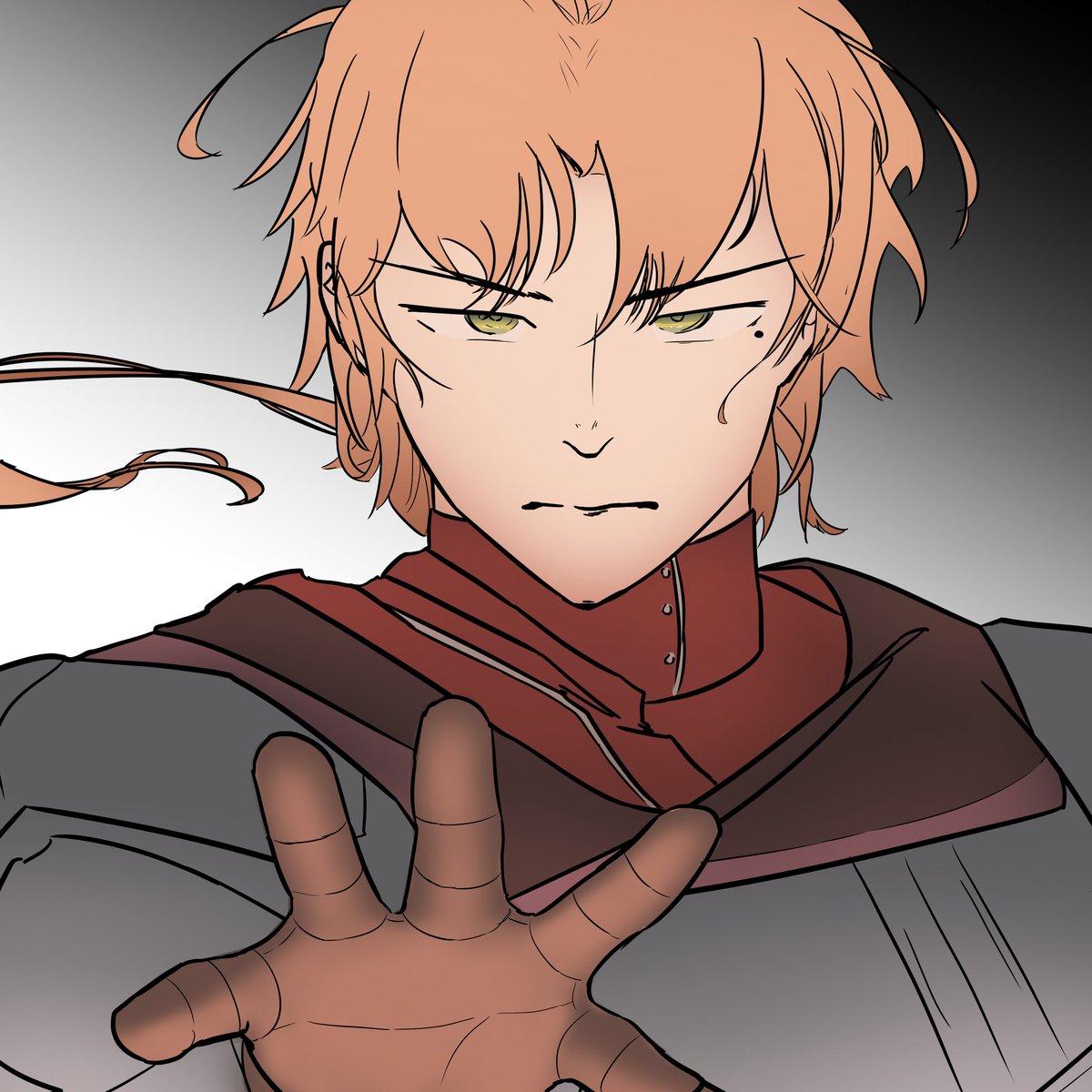 rudeus greyrat, mushoku tensei, highres, 1boy, brown gloves, brown hair, daiki latom, female pov, gloves, green eyes, male focus, mole, mole under eye, outstretched arm, pov, serious, solo