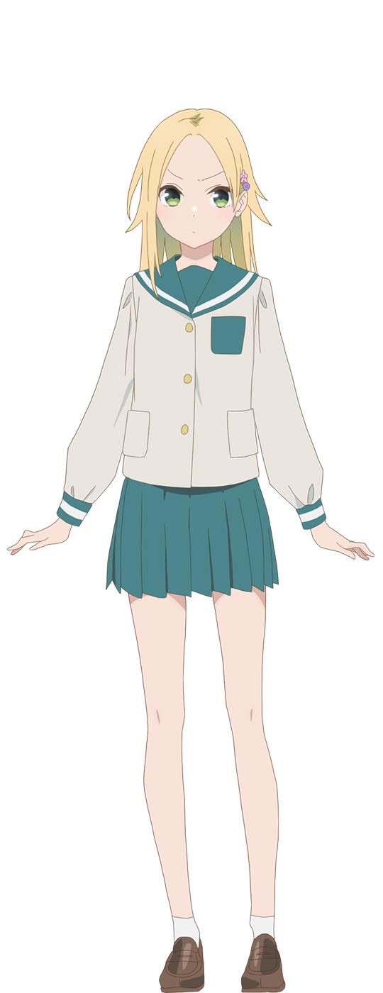 iizuka haruko, matsugazaki karen, amagami-san chi no enmusubi, highres, official art, 1girl, anime coloring, blonde hair, breasts, brown shoes, closed mouth, full body, green eyes, green sailor collar, green skirt, hair ornament, loafers, long hair, long sleeves, looking at viewer, open hands, parted bangs, pleated skirt, sailor collar, school uniform, serafuku, shoes, simple background, skirt, socks, solo, standing, tachi-e, transparent background, white socks