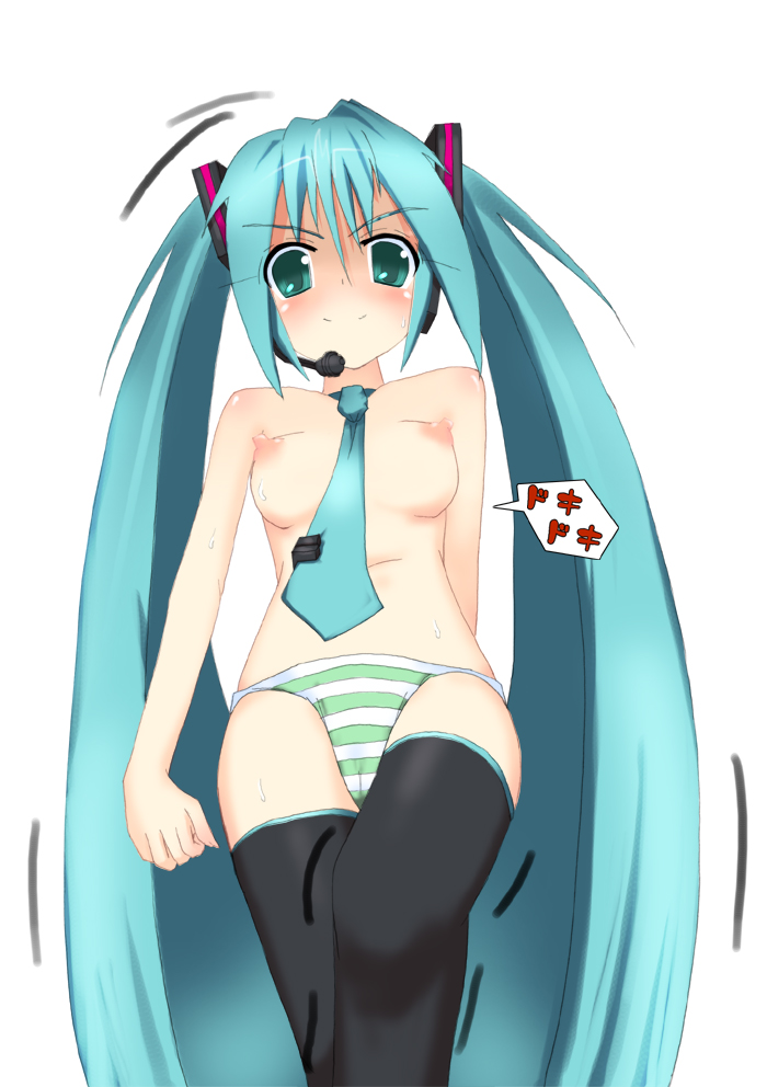 mi ro, hatsune miku, vocaloid, 1girl, aqua hair, breasts, female focus, long hair, nipples, panties, small breasts, solo, striped clothes, striped panties, thighhighs, topless female, twintails, underwear, very long hair