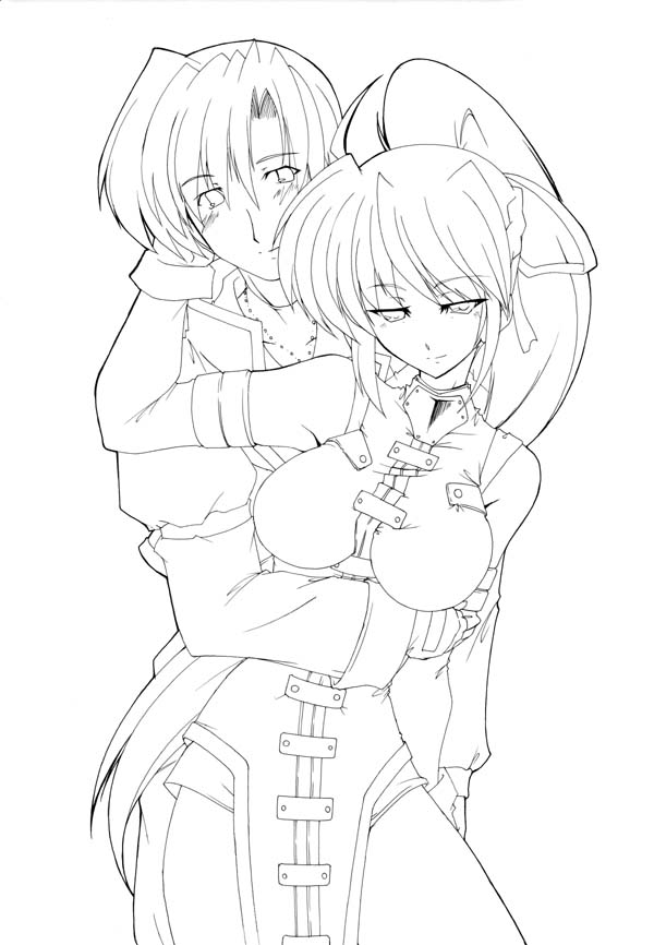 45acp, signum, vice granscenic, lyrical nanoha, mahou shoujo lyrical nanoha, mahou shoujo lyrical nanoha strikers, 00s, blush, greyscale, hair ribbon, hug, monochrome, ponytail, ribbon