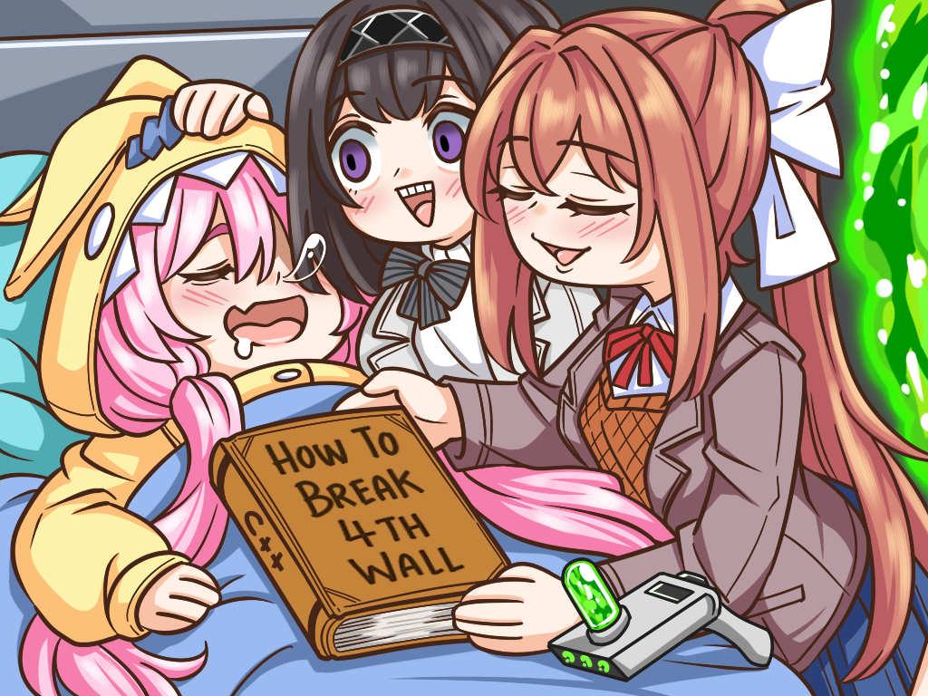 guin guin, koyuki (blue archive), monika (doki doki literature club), priestess (arknights), arknights, blue archive, doki doki literature club, rick and morty, commentary, english commentary, 3girls, :d, animal ears, animal hood, arm up, bed, black hair, blazer, blue skirt, blush, bow, brown hair, brown jacket, closed eyes, collared shirt, crossover, drooling, eyebrows hidden by hair, fake animal ears, fang, grey bow, grey jacket, hair between eyes, hair bow, hand on another's head, hood, hood up, jacket, long hair, long sleeves, multiple crossover, multiple girls, neck ribbon, nose bubble, onesie, open clothes, open jacket, open mouth, pillow, pink hair, pleated skirt, ponytail, portal (object), puffy long sleeves, puffy sleeves, purple eyes, rabbit ears, rabbit hood, red ribbon, ribbon, school uniform, shirt, skirt, sleeping, sleeves past wrists, smile, striped bow, under covers, very long hair, white bow, white shirt