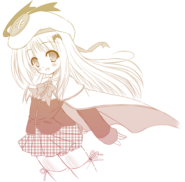 yamu (reverse noise), noumi kudryavka, little busters!, 1girl, buttons, cape, fang, female focus, hat, large buttons, long hair, monochrome, plaid clothes, plaid skirt, school uniform, serafuku, skirt, solo, thighhighs, unmoving pattern