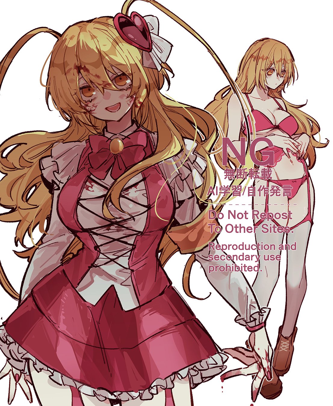 don quixote (project moon), limbus company, project moon, highres, 1girl, blonde hair, bow, bowtie, bra, breasts, brown shoes, e.g.o (project moon), full body, hair ornament, heart, heart hair ornament, in the name of love and hate (e.g.o), large breasts, long hair, long sleeves, looking at viewer, multiple views, open mouth, panties, pink bow, pink bowtie, pink bra, pink garter straps, pink panties, pink skirt, pink vest, shoes, simple background, skirt, solo, standing, thighhighs, two side up, underwear, underwear only, vest, vx7givcony78710, white background, white thighhighs, yellow eyes