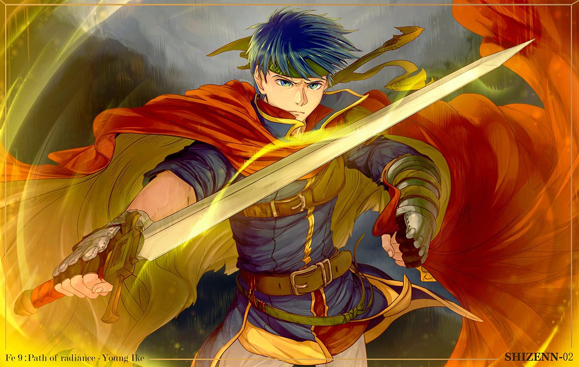 shiran ki, ike (fire emblem), fire emblem, fire emblem: path of radiance, nintendo, commentary request, 1boy, blue eyes, blue hair, cape, headband, holding, holding sword, holding weapon, male focus, short hair, solo, sword, weapon