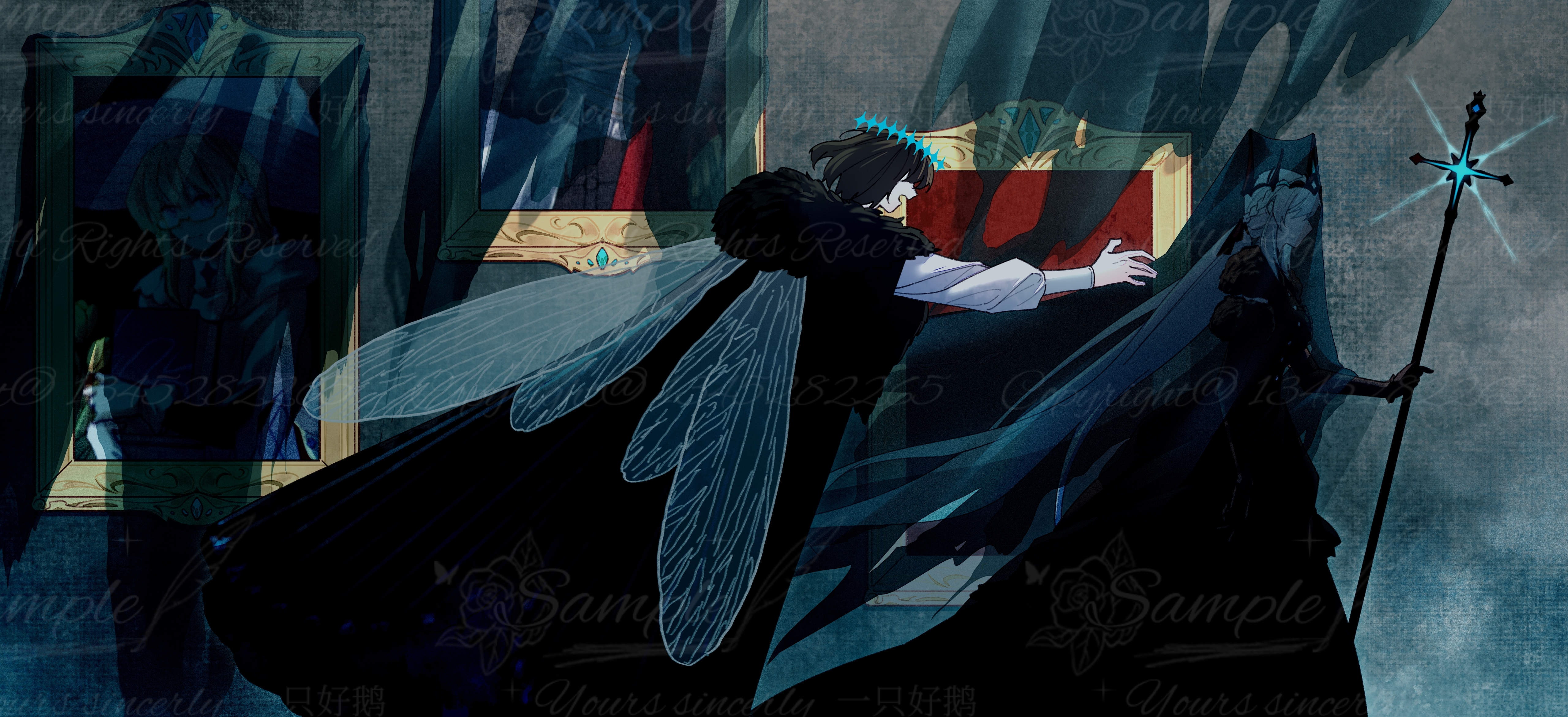 yebeiming, morgan le fay (fate), oberon (fate), oberon (third ascension) (fate), fate/grand order, fate (series), absurdres, commission, highres, third-party source, 1boy, 1girl, black dress, black hair, dragonfly wings, dress, fur trim, holding, holding polearm, holding weapon, long hair, polearm, ponytail, short hair, spear, veil, very long hair, weapon, white hair