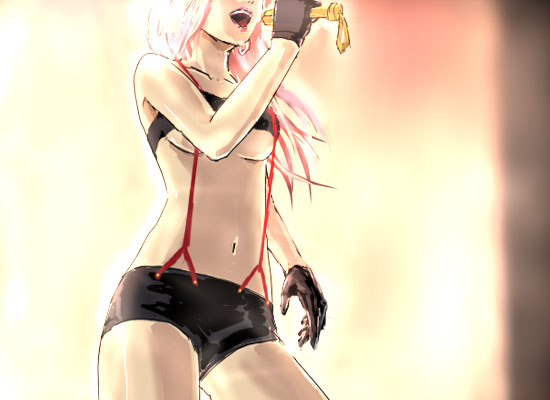 yutori (clockwork chicken), sheryl nome, macross, macross frontier, 00s, 1girl, breasts, female focus, gradient background, microphone, navel, solo, suspenders, underboob