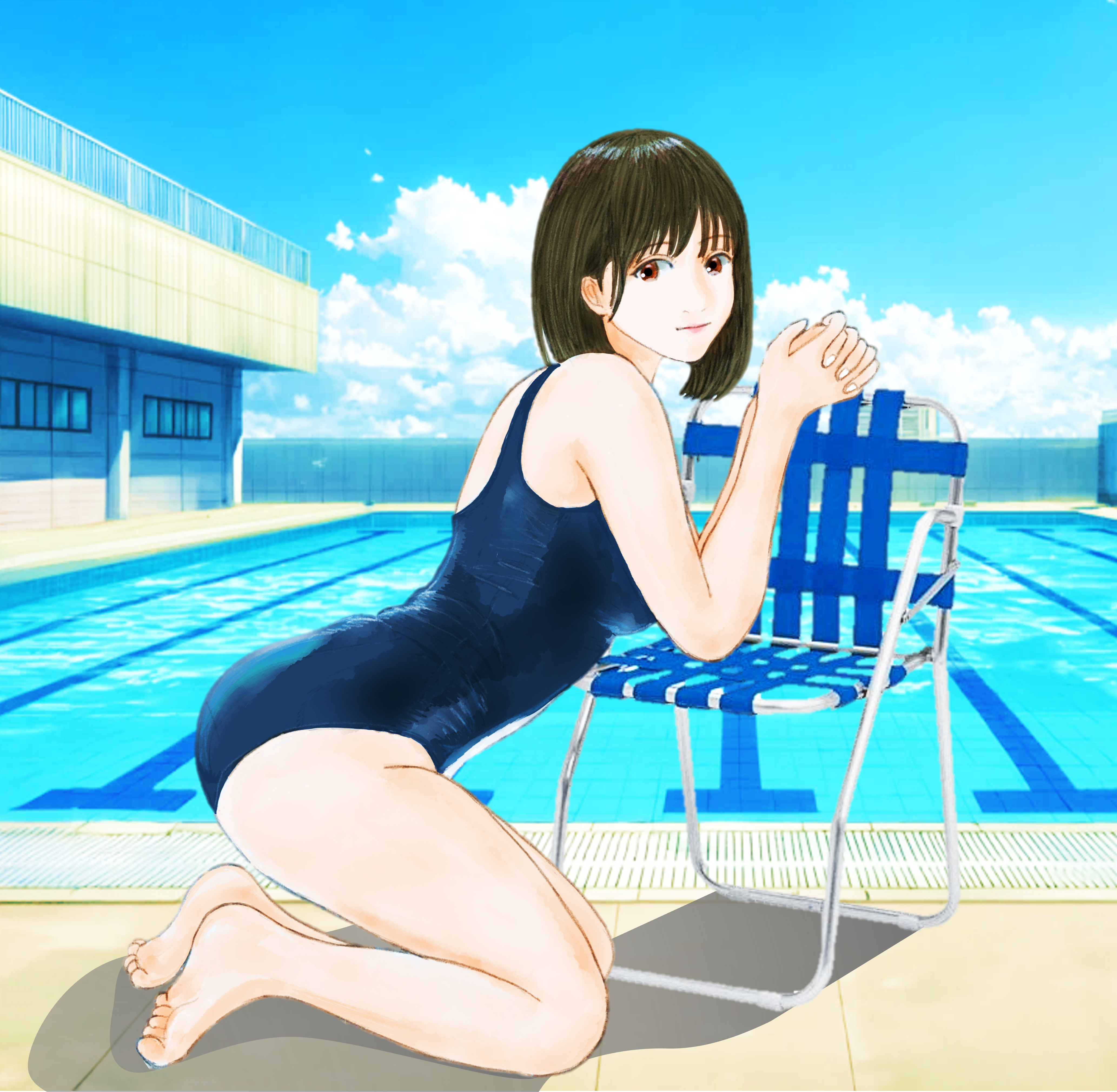 original, absurdres, commentary request, highres, 1girl, ass, barefoot, breasts, brown eyes, closed mouth, from behind, full body, kneeling, long hair, looking at viewer, outdoors, pool, school swimsuit, smile, soles, solo, swept bangs, swimsuit, t773jp