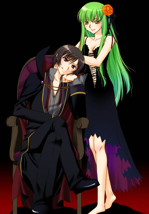 asano akira, c.c., lelouch vi britannia, code geass, 00s, 1boy, 1girl, barefoot, breasts, cleavage, dress, flower, green hair, medium breasts, yellow eyes