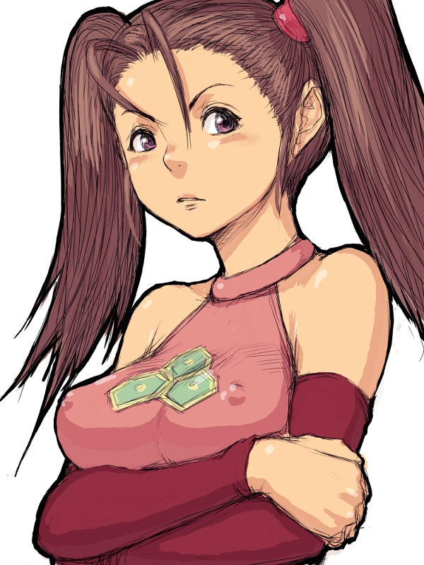 fumio (rsqkr), bouquet (blue dragon), blue dragon, 00s, 1girl, arms under breasts, breasts, brown hair, covered erect nipples, female focus, large breasts, purple eyes, solo, twintails