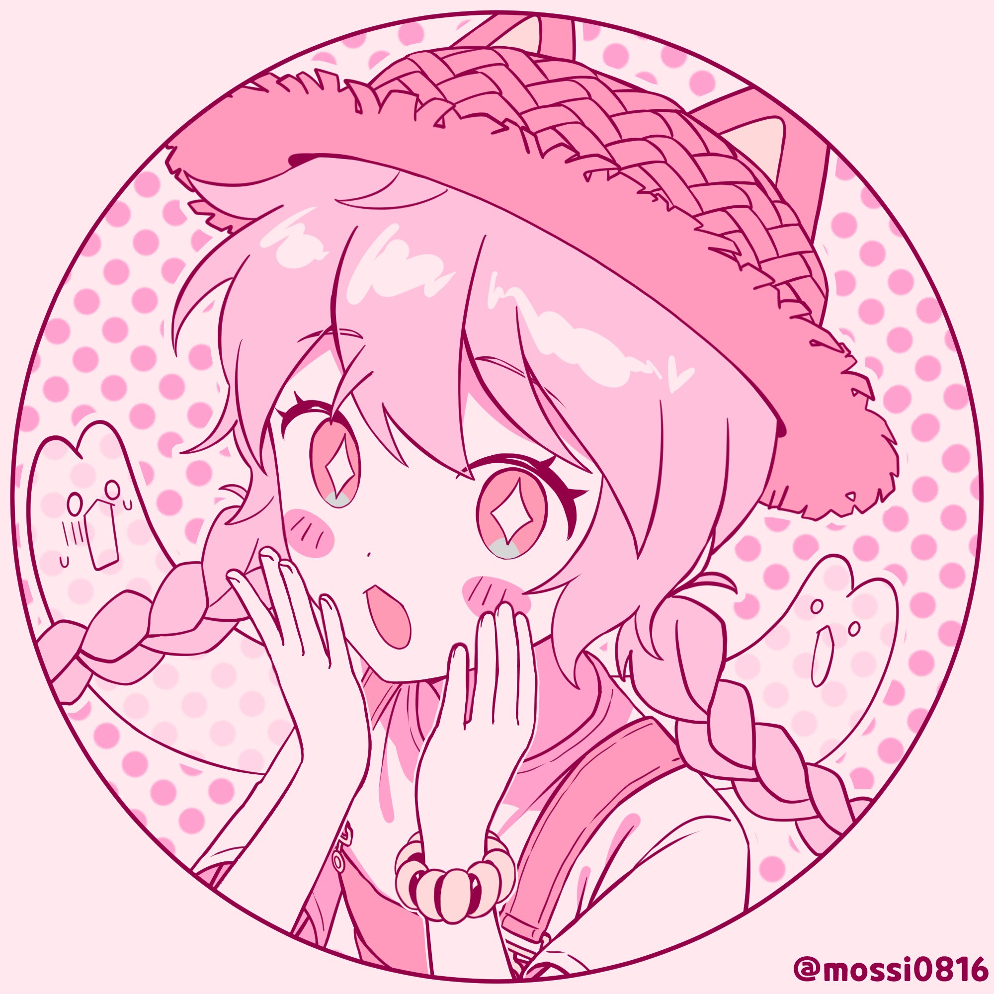 mossi (mossi0816), zombie high school, highres, korean commentary, + +, 1girl, animal ears, bell, blush, blush stickers, bracelet, braid, ghost, halftone, hat, jewelry, limited palette, long hair, looking at viewer, mj (zombie high school), open mouth, overalls, pink eyes, pink hair, pink theme, shirt, short sleeves, solo, twin braids, twitter username, upper body