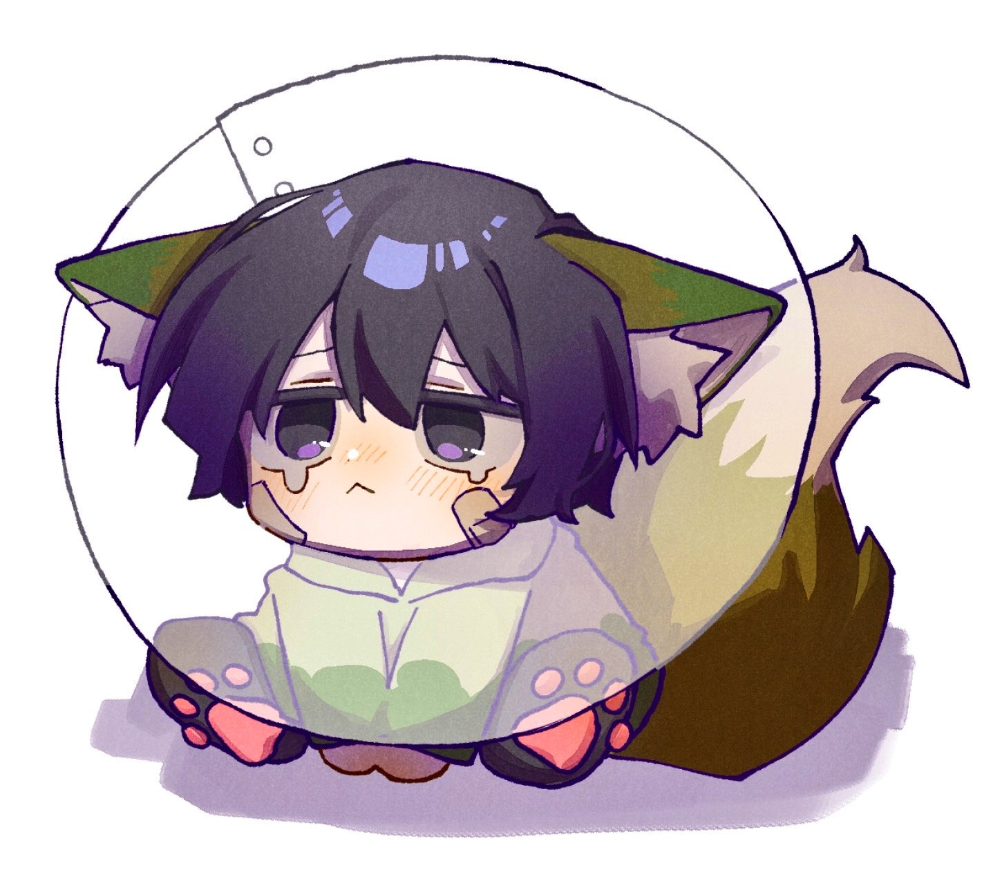 nantekottawo!!, yi sang (project moon), limbus company, project moon, highres, 1boy, :<, animal ears, animal feet, animal hands, bandaid, black eyes, black hair, blush, chibi, closed mouth, e.g.o (project moon), floppy ears, fox ears, fox tail, full body, pet cone, simple background, sitting, solo, sunshower (e.g.o), tail, white background