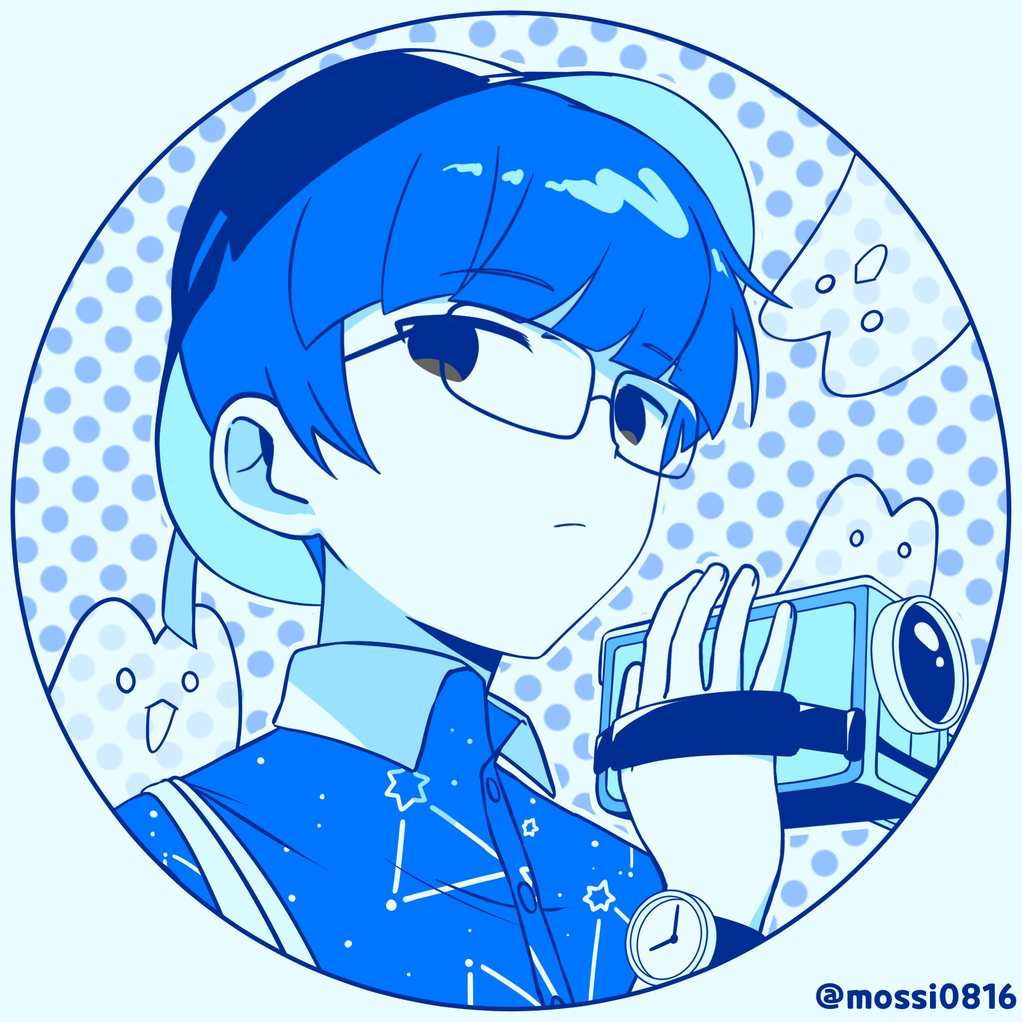 mossi (mossi0816), zombie high school, highres, korean commentary, 1boy, blue theme, blunt bangs, camera, closed mouth, collared shirt, constellation, glasses, hat, holding, holding camera, limited palette, looking at viewer, male focus, polka dot, portrait, pyo ih-yeon, shirt, short hair, solo, twitter username, upper body, watch, wristwatch