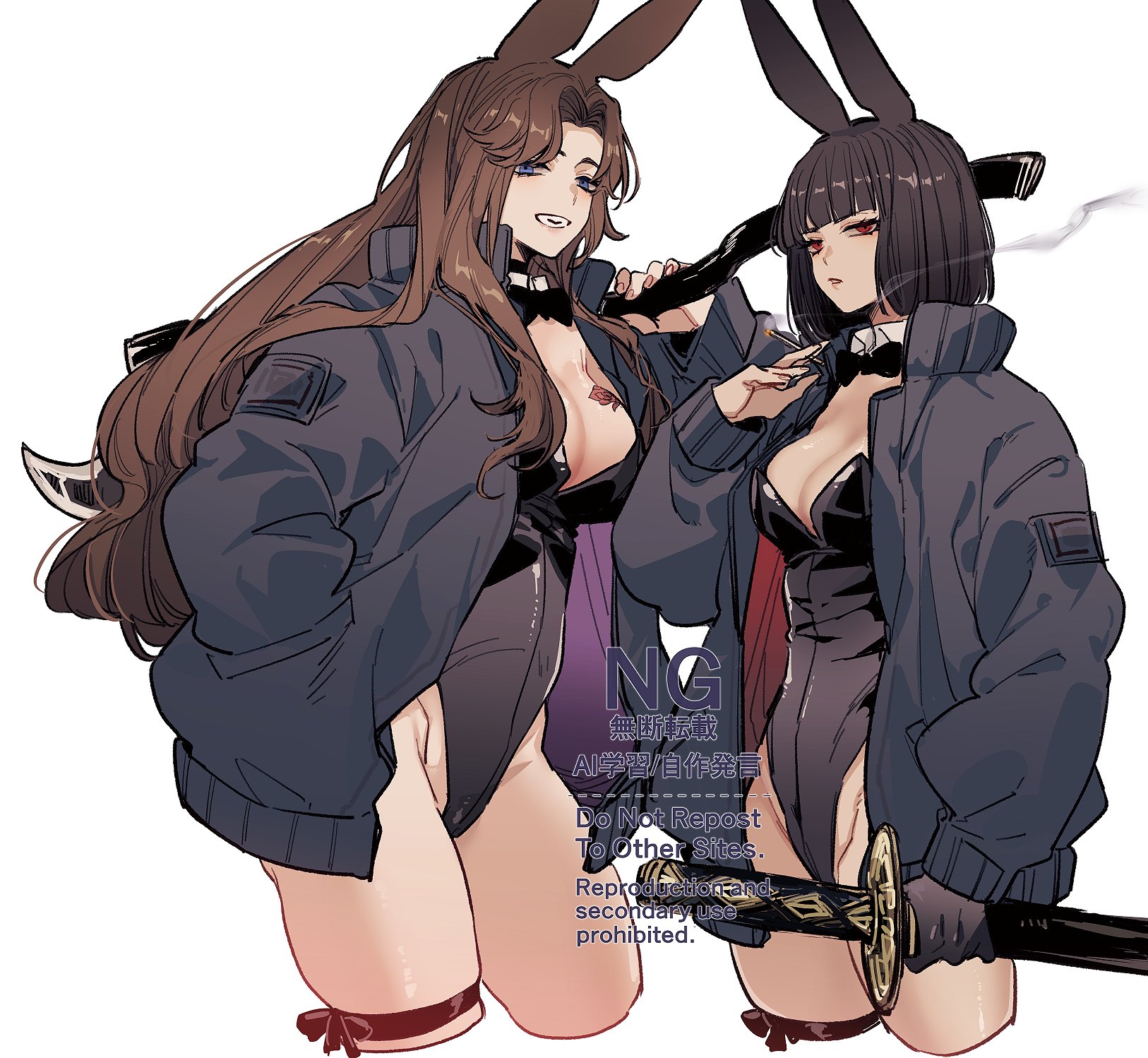 rodion (project moon), ryoshu (project moon), limbus company, project moon, highres, 2girls, alternate costume, animal ears, black bow, black bowtie, black coat, black gloves, black hair, black leotard, blue eyes, bow, bowtie, breast tattoo, breasts, brown hair, coat, detached collar, gloves, holding, holding sword, holding weapon, large breasts, leotard, multiple girls, playboy bunny, rabbit ears, red eyes, short hair, single glove, strapless, strapless leotard, sword, tattoo, vx7givcony78710, weapon