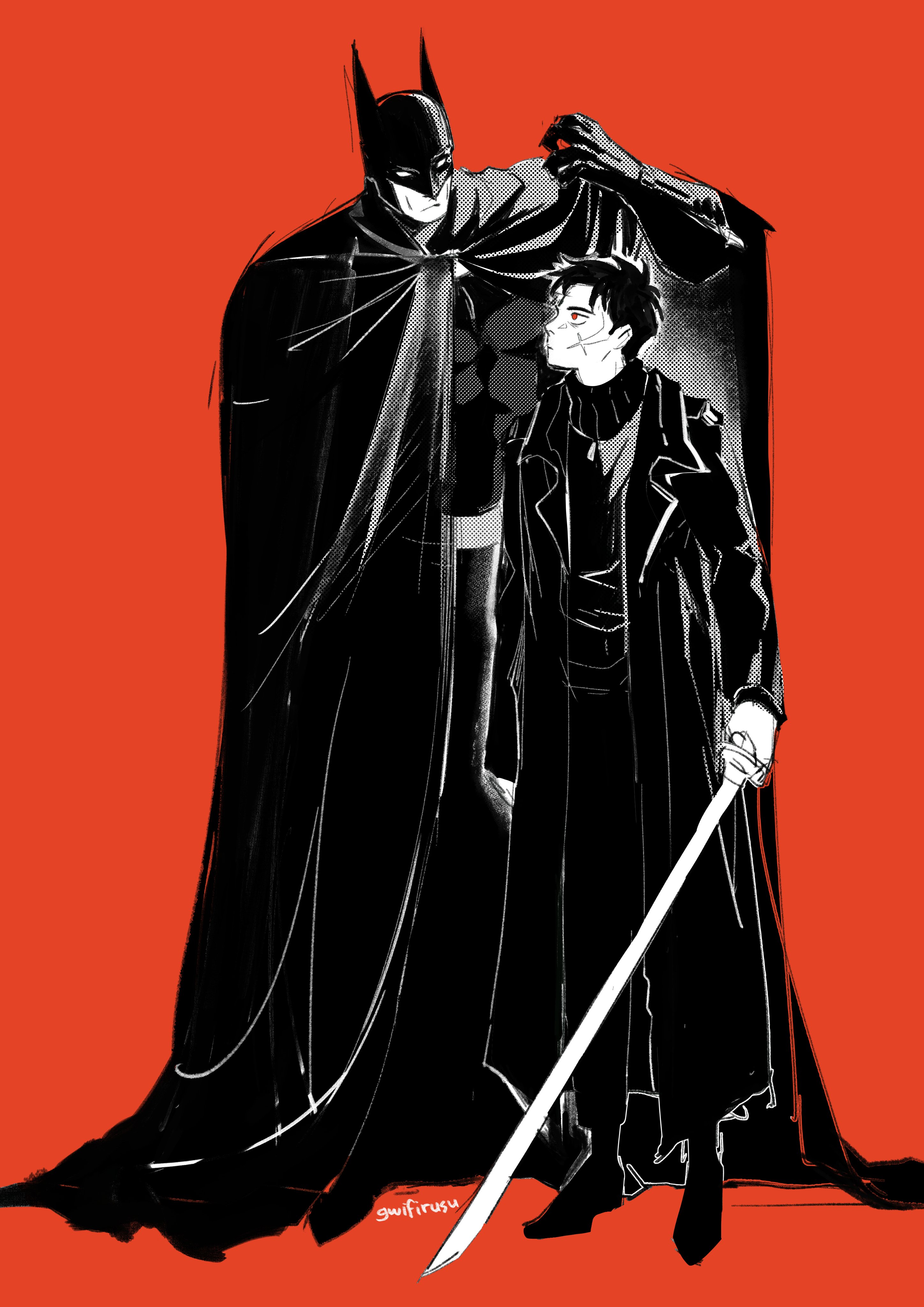bigvarrefan69 (gwifirusu), batman, rokuhira chihiro, batman (series), dc comics, kagurabachi, absurdres, commentary, english commentary, highres, 2boys, arm up, belt, cape, closed mouth, coat, cowl, crossover, facial scar, frown, gloves, greyscale with colored background, holding, holding sword, holding weapon, lapels, long sleeves, male focus, multiple boys, notched lapels, pants, red background, red eyes, scar, scar on cheek, scar on face, shirt, shoes, short hair, simple background, spot color, standing, superhero costume, sword, trench coat, turtleneck, weapon