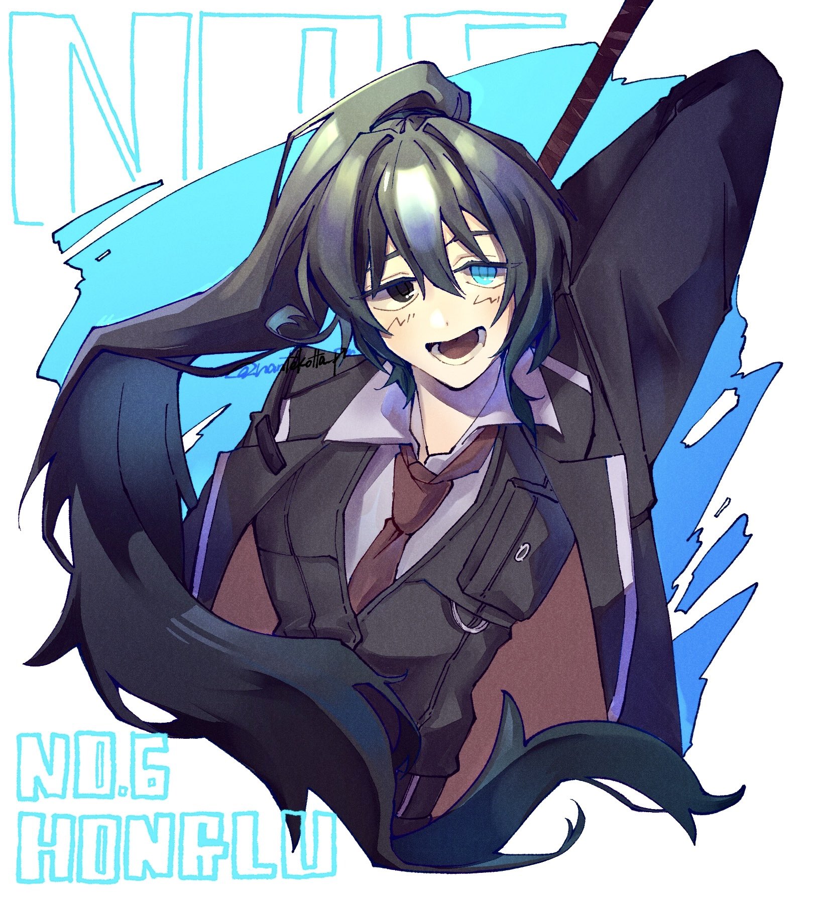 nantekottawo!!, hong lu (project moon), limbus company, project moon, highres, 1boy, aqua eyes, arm up, black coat, black eyes, black vest, blush, coat, collared shirt, heterochromia, holding, holding polearm, holding weapon, necktie, open mouth, polearm, red necktie, shirt, sidelocks, simple background, smile, solo, vest, weapon, white background