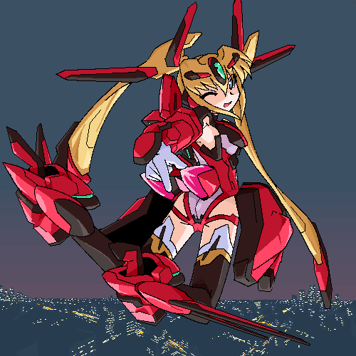 mof, faintear, trigger heart exelica, lowres, mecha musume, oekaki, one eye closed, solo, wink