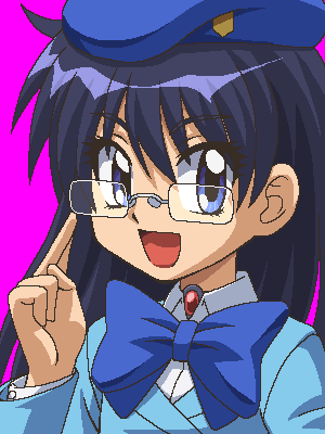 awa, nogami aoi, zettai karen children, lowres, 00s, 1girl, :d, blue eyes, blue hair, bow, bowtie, female focus, glasses, hat, jaggy lines, long hair, matching hair/eyes, oekaki, open mouth, smile, solo