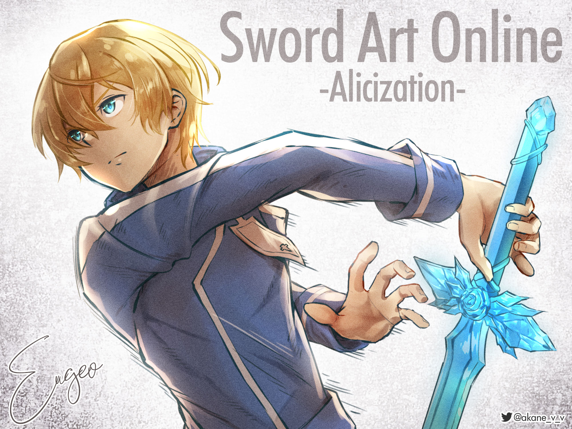 akane (akaneoekaki0928), eugeo, sword art online, sword art online: alicization, commentary, highres, 1boy, blonde hair, blue eyes, blue jacket, character name, closed mouth, copyright name, crystal sword, cursive, frown, grey background, holding, holding sword, holding weapon, jacket, long sleeves, male focus, motion lines, short hair, solo, speed lines, split mouth, sword, twitter logo, twitter username, upper body, weapon
