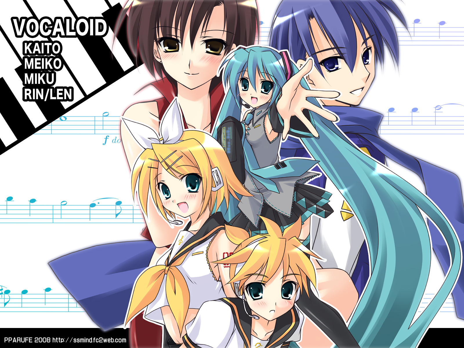 hayashi sakura, hatsune miku, kagamine len, kagamine rin, kaito (vocaloid), meiko (vocaloid), vocaloid, highres, 2boys, 3girls, aqua hair, brother and sister, everyone, multiple boys, multiple girls, siblings, twins