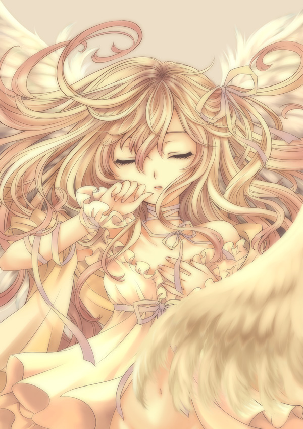 mizunomoto, original, angel wings, blonde hair, closed eyes, hair ribbon, long hair, ribbon, solo, wings