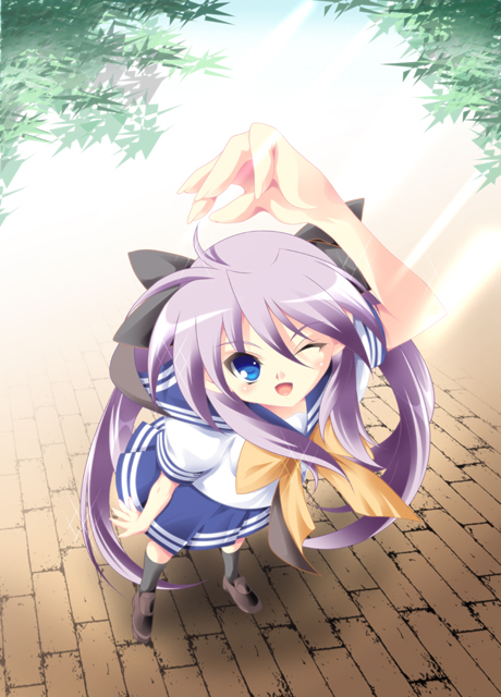 hiiragi kagami, lucky star, 00s, blue eyes, one eye closed, purple hair, school uniform, serafuku, solo, twintails, wink