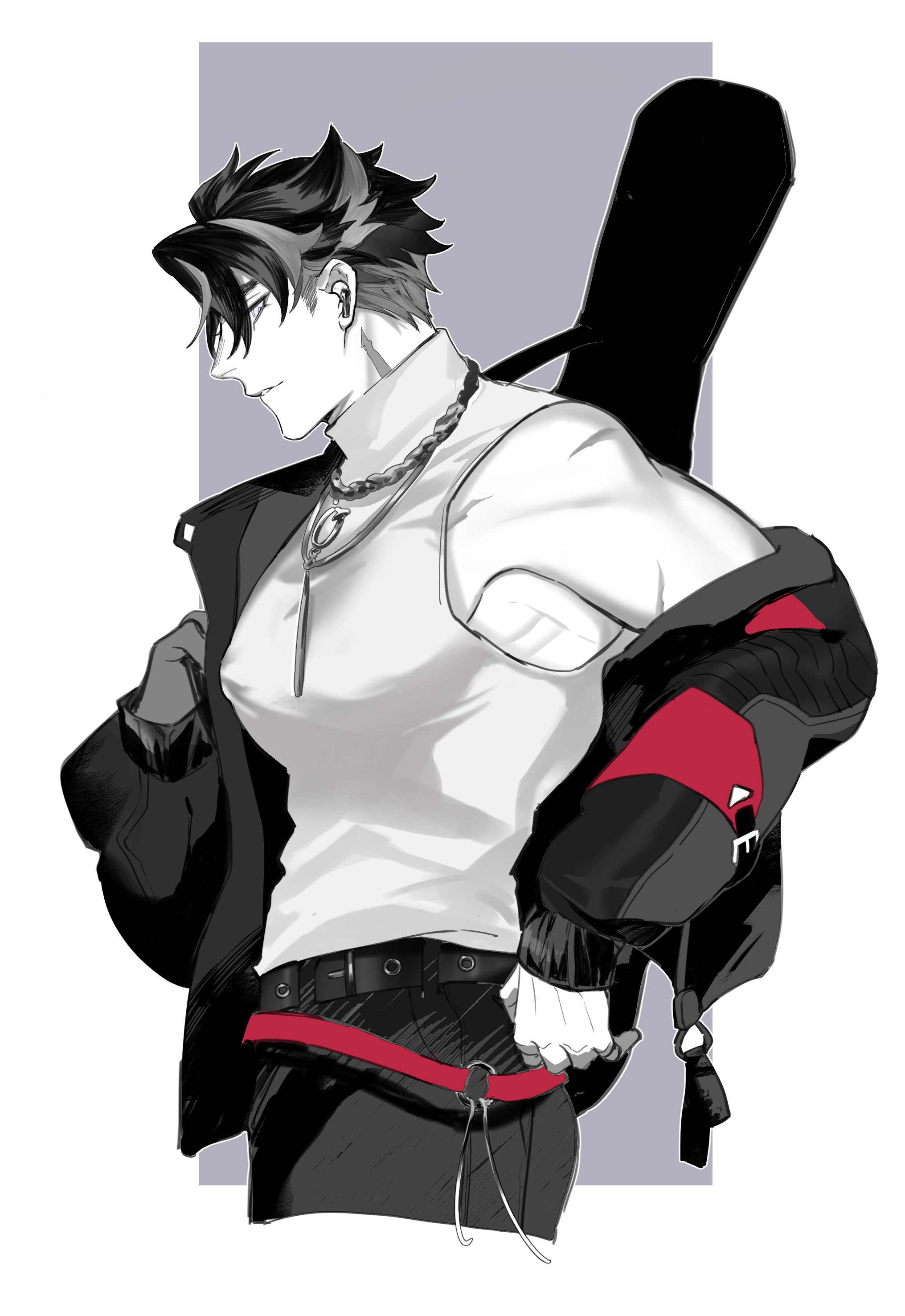 yao chun, wriothesley (genshin impact), genshin impact, absurdres, commentary, highres, symbol-only commentary, 1boy, alternate costume, arm up, black hair, black pants, chain, chain necklace, cropped legs, earrings, green hair, guitar case, instrument case, jacket, jacket partially removed, jewelry, long sleeves, looking to the side, male focus, multicolored hair, multiple scars, necklace, pants, parted lips, piercing, scar, scar on arm, smile, solo, streaked hair, tank top, white tank top