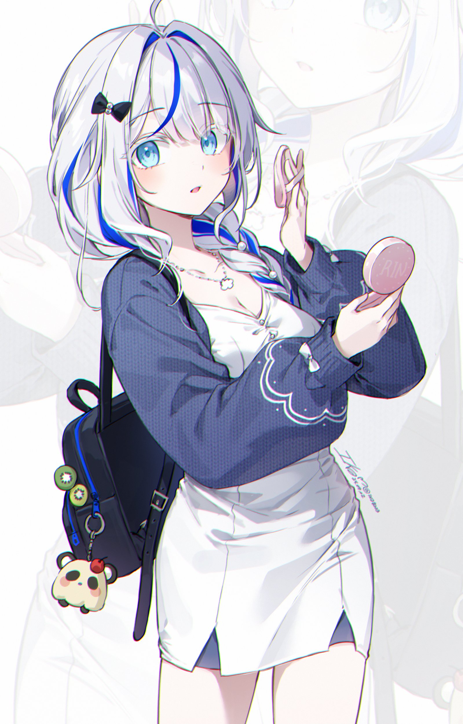 ika (4801055), aokumo rin, stellive, absurdres, highres, 1girl, ahoge, backpack, bag, blue eyes, blue jacket, braid, breasts, cleavage, cowboy shot, dress, hair over shoulder, hand up, jacket, jewelry, long hair, looking at viewer, medium breasts, multicolored hair, necklace, open clothes, open jacket, parted lips, single braid, solo, streaked hair, virtual youtuber, white background, white dress, white hair, zoom layer