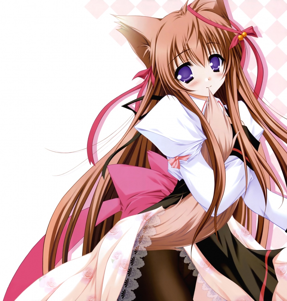 animal ears, blush, bow, long hair, panties, pantyhose, ribbon, skirt, tail, underwear, wolf ears
