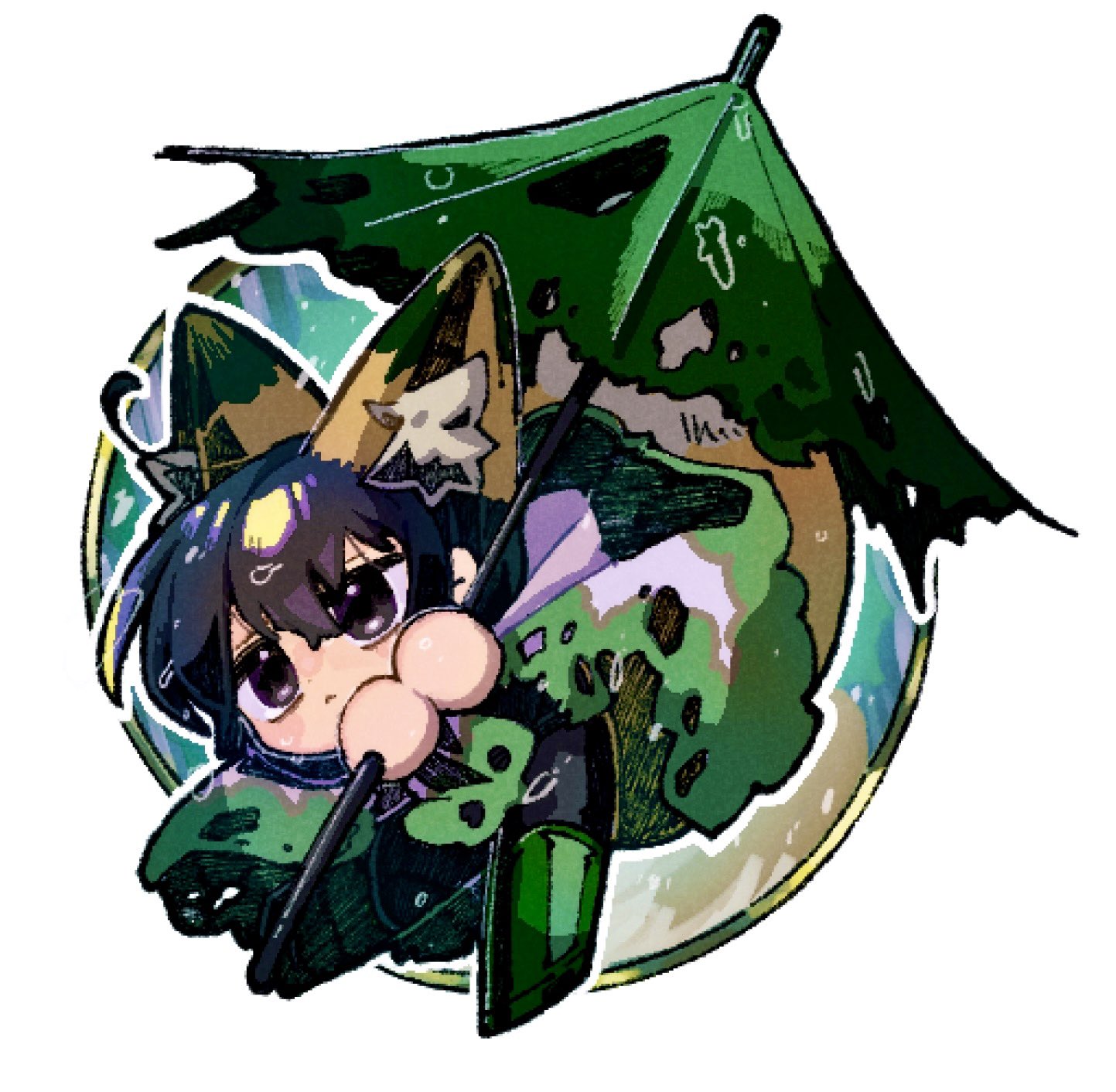 nantekottawo!!, yi sang (project moon), limbus company, project moon, highres, 1boy, :<, ahoge, animal ears, black eyes, black hair, chibi, closed mouth, e.g.o (project moon), fox ears, fox tail, full body, holding, holding umbrella, rain, simple background, solo, sunshower (e.g.o), tail, torn umbrella, umbrella, white background