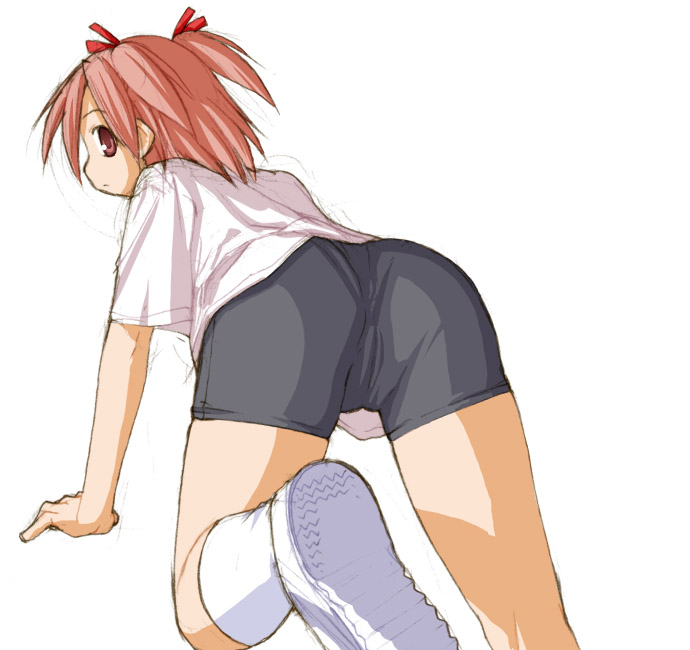 kasuga yukihito, sasaki makie, mahou sensei negima!, 00s, 1girl, all fours, arm support, ass, bike shorts, black shorts, brown eyes, brown hair, female focus, foreshortening, from behind, hair ribbon, kneehighs, looking back, pink hair, profile, red eyes, red ribbon, ribbon, shirt, shoe soles, shoes, short sleeves, shorts, simple background, sketch, socks, solo, two side up, white background, white shirt, white shoes, white socks