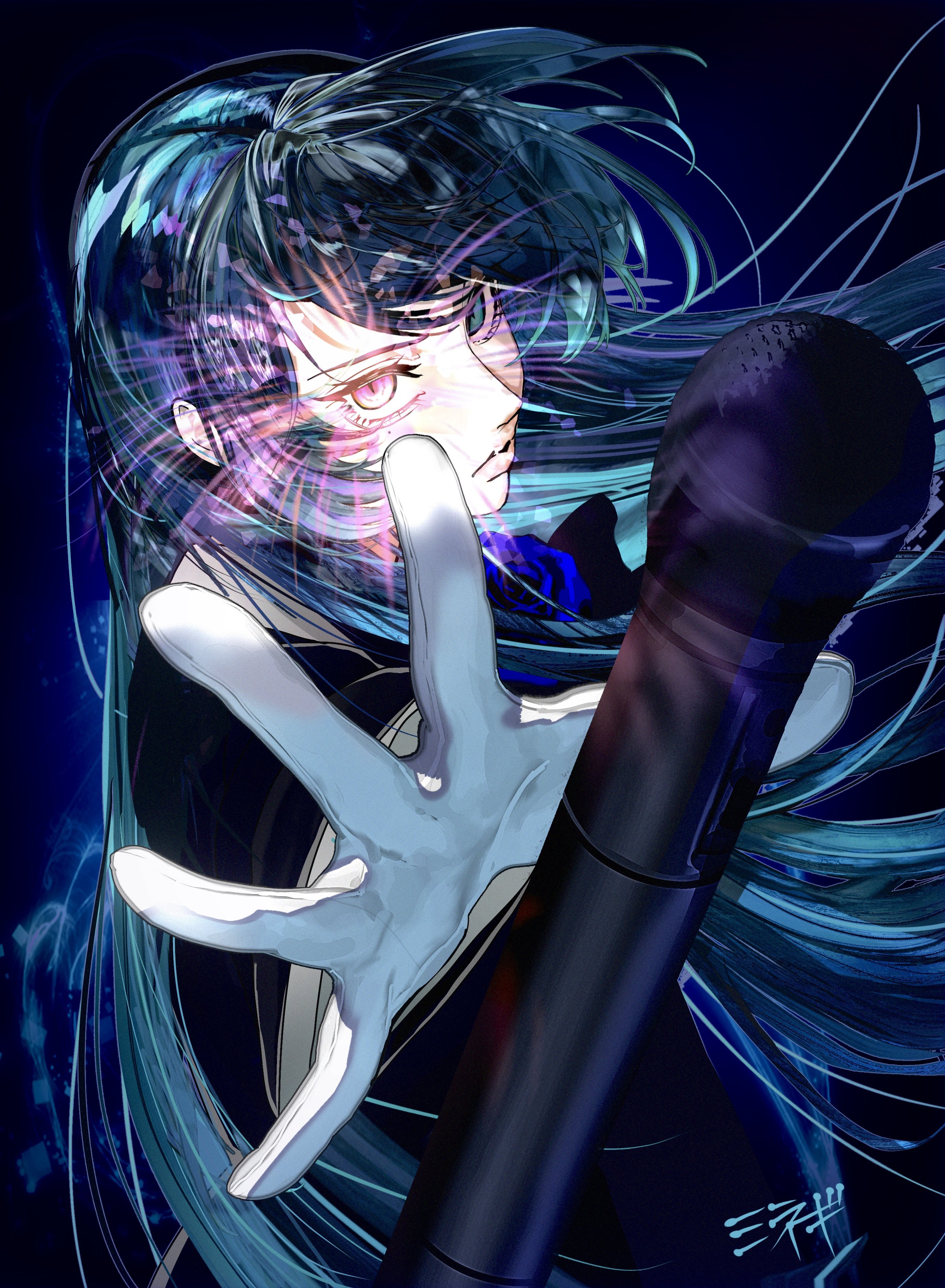 kiza minegi, chando (ado), ado (utaite), absurdres, commentary, highres, 1girl, blue eyes, blue hair, gloves, heterochromia, long hair, microphone, mole, mole under eye, open mouth, pink eyes, reaching, reaching towards viewer, solo, utaite, white gloves