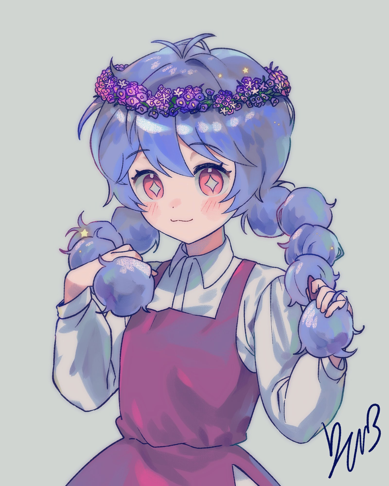mossi (mossi0816), zombie high school, highres, korean commentary, 1girl, :3, blue hair, blush, collared shirt, dress, flower, head wreath, holding, long hair, long sleeves, looking at viewer, low twintails, mj (zombie high school), red eyes, shirt, signature, simple background, smile, solo, twintails, upper body, white background, white shirt