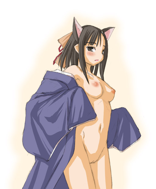 kasuga yukihito, sakurazaki setsuna, mahou sensei negima!, 00s, 1girl, animal ears, breasts, cowboy shot, female focus, nipples, nude, open clothes, open shirt, pussy, shirt, solo, uncensored, undressing