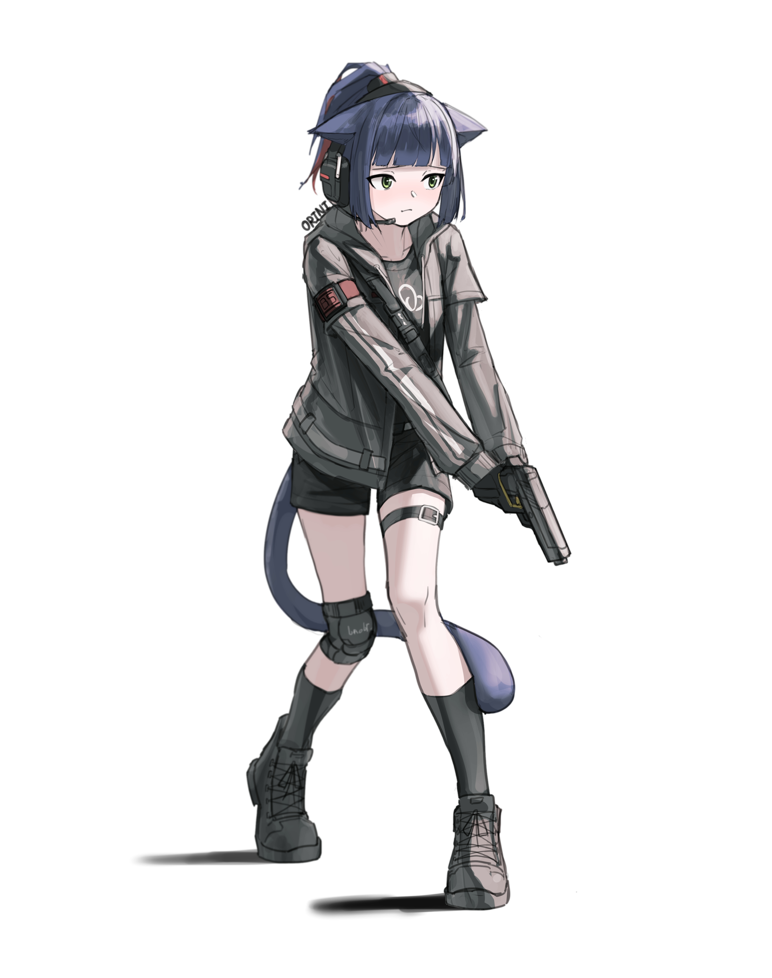 orini, jessica (arknights), arknights, absurdres, commentary, highres, 1girl, animal ears, artist name, black boots, black gloves, black shirt, black shorts, black socks, blue hair, boots, cat ears, cat girl, cat tail, closed mouth, frown, full body, gloves, green eyes, grey jacket, gun, handgun, headset, holding, holding gun, holding weapon, implied extra ears, jacket, knee pads, long hair, open clothes, open jacket, ponytail, shirt, short shorts, shorts, simple background, single knee pad, socks, solo, standing, tail, thigh strap, weapon, white background