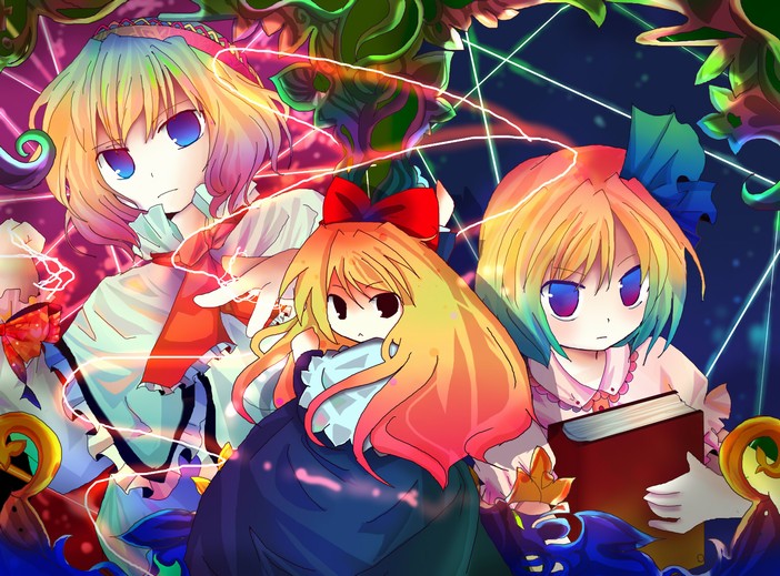 kazu (artist), kazu (muchuukai), alice margatroid, alice margatroid (pc-98), shanghai doll, mystic square, touhou, touhou (pc-98), 2girls, aged down, child, colorful, dual persona, female focus, glowing, multiple girls, time paradox
