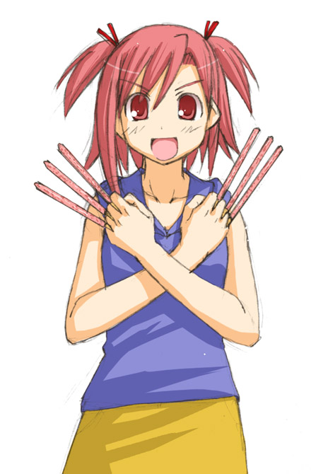 kasuga yukihito, sasaki makie, mahou sensei negima!, 00s, 1girl, female focus, food, hair ribbon, open mouth, pink eyes, pink hair, pocky, red eyes, ribbon, short hair, simple background, solo, twintails