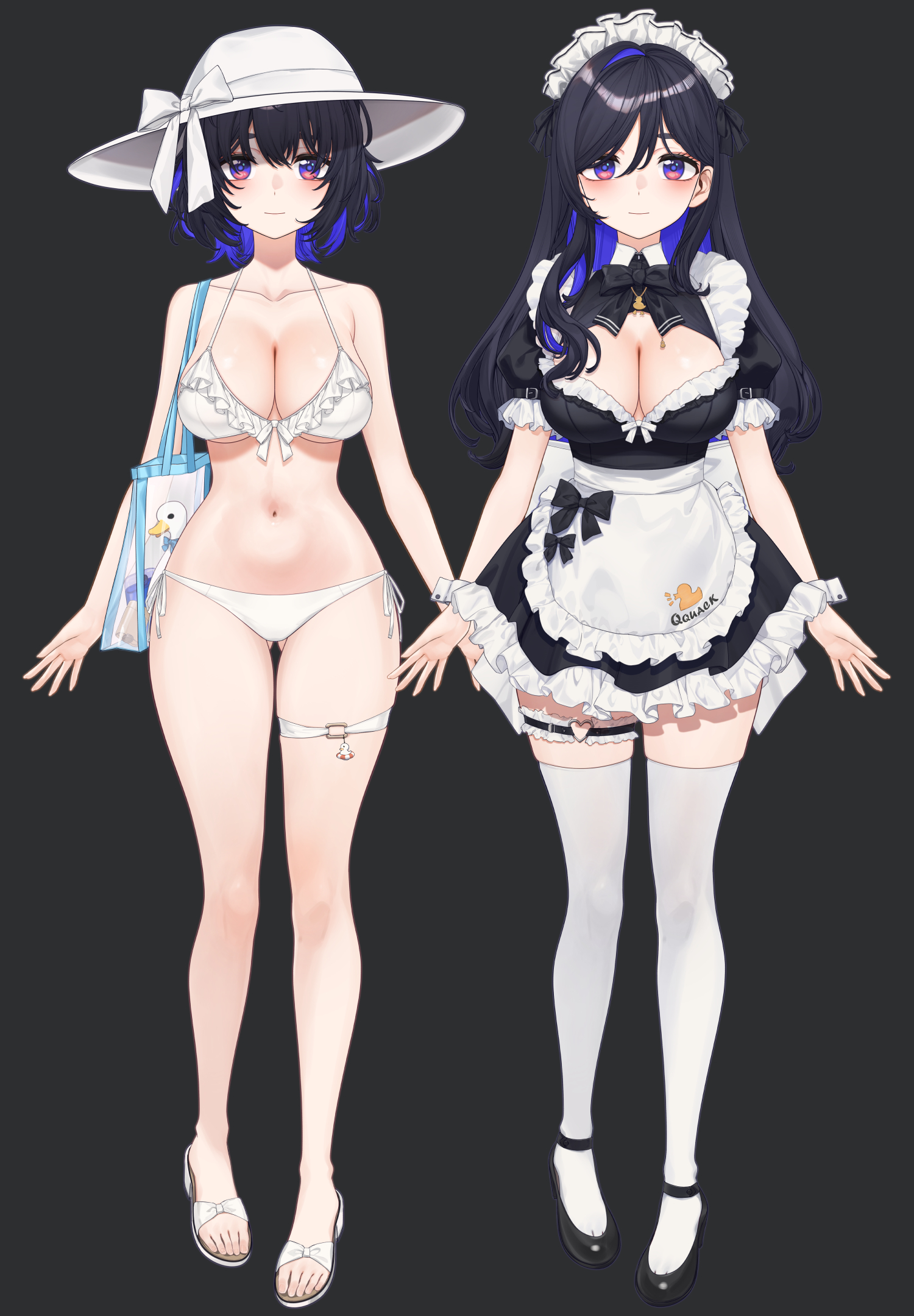 aningay, commentary request, copyright request, highres, 1girl, apron, bare arms, bare shoulders, bikini, black background, black dress, black hair, black shoes, blue hair, blush, bow, breasts, cleavage, cleavage cutout, closed mouth, clothing cutout, collarbone, dress, frilled apron, frilled bikini, frilled dress, frills, hat, hat bow, large breasts, long hair, looking at viewer, maid, maid headdress, multicolored hair, multiple views, puffy short sleeves, puffy sleeves, purple eyes, sandals, shoes, short sleeves, simple background, standing, swimsuit, thighhighs, two-tone hair, very long hair, virtual youtuber, white apron, white bikini, white bow, white hat, white sandals, white thighhighs, wrist cuffs
