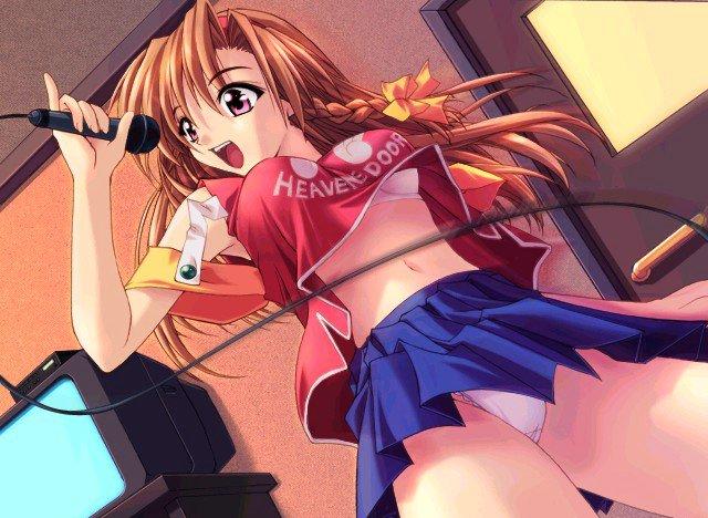 akazawa red, shikei, adachi honami, nyante chaton, game cg, 1girl, bra, braid, breasts, brown hair, dutch angle, female focus, hair ribbon, karaoke, large breasts, lingerie, long hair, microphone, midriff, music, navel, open mouth, panties, pantyshot, purple eyes, ribbon, singing, skirt, solo, standing, underwear, upskirt