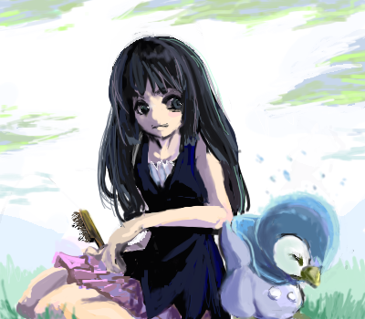 dawn (pokemon), piplup, nintendo, pokemon, lowres, 1girl, black eyes, black hair, comb, dress, gen 4 pokemon, grass, hair brush, holding, long hair, pokemon (creature), sitting, skirt, wariza