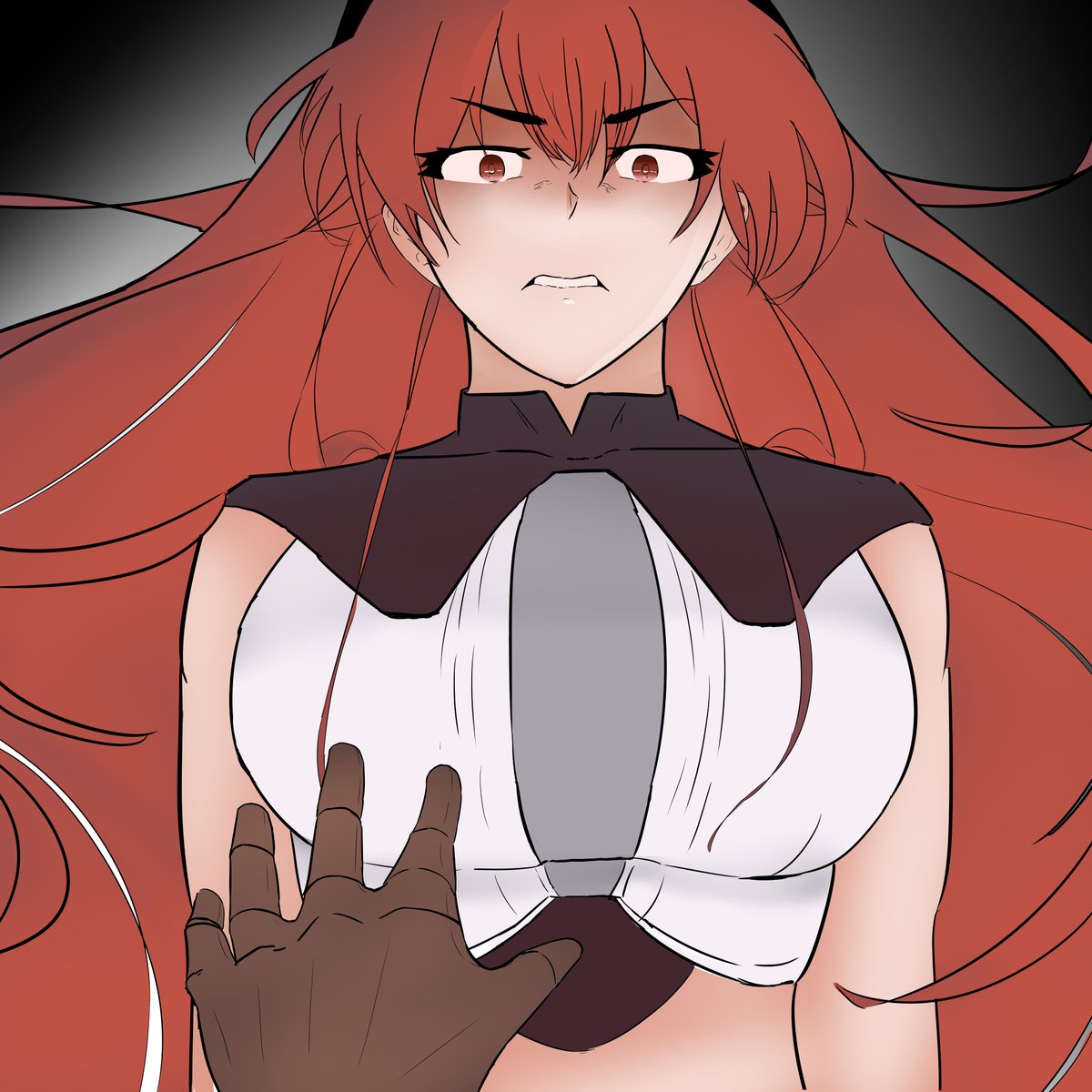 eris greyrat, mushoku tensei, highres, 1girl, angry, brown gloves, daiki latom, gloves, husband and wife, long hair, outstretched arm, pov, red eyes, red hair, single glove